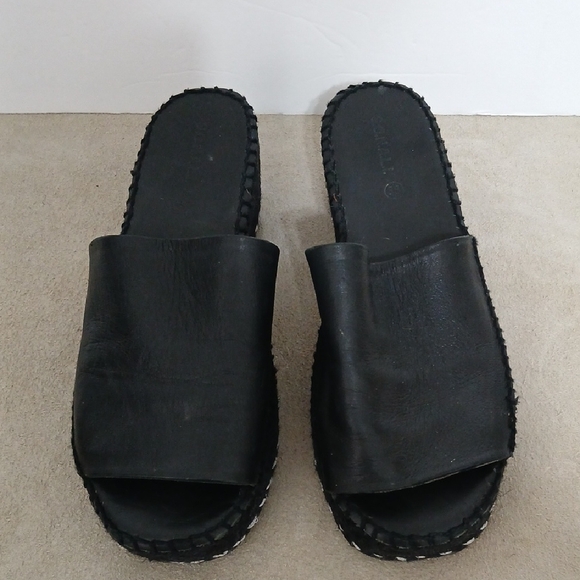 Sonalii Black Leather Wedge Stitched Block Heel Mules Sz 38 - Picture 2 of 7